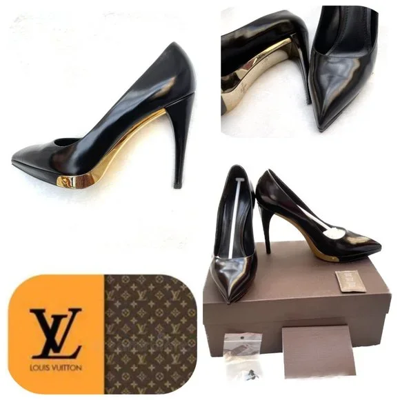 Auc Louis Vuitton Black Leather gold metal trim Pumps 7,5 Rare! $1000 - Picture 17 of 17